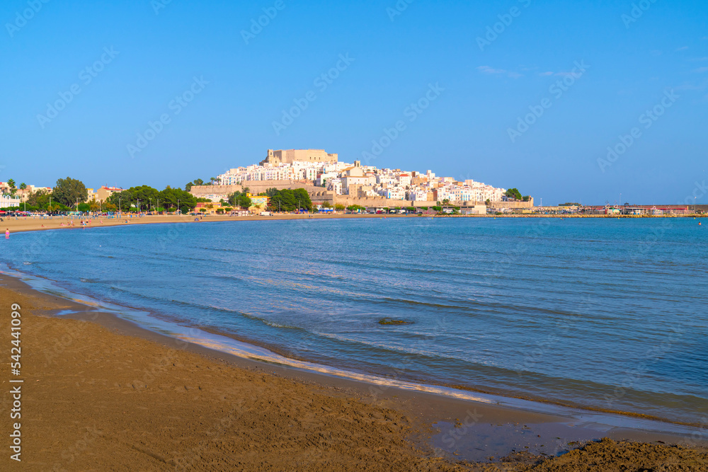 Peniscola Spain Playa Sur beach castle and sea Castellon province Costa del Azahar 

