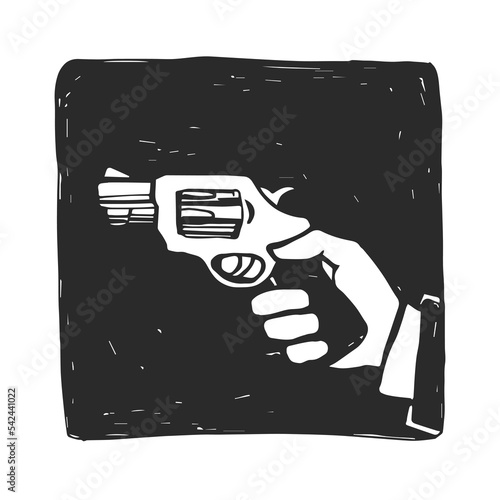 Vector hand-drawn illustration of a hand with a gun in the style of linocut. A sketch for a design in the theme of a noir detective.