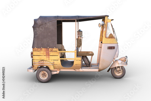 Side view 3D rendering of an Indian auto rickshaw isolated on transparent background.