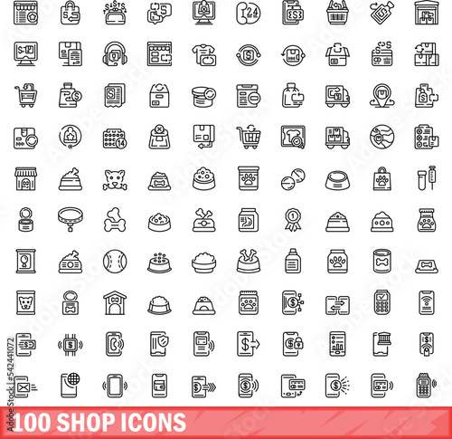 100 shop icons set. Outline illustration of 100 shop icons vector set isolated on white background