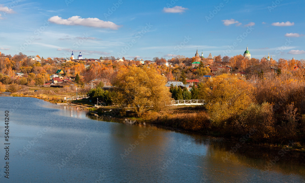 Landscape with a river and a small town on the shore.The Sturgeon River and the city of Zaraysk in the Moscow region