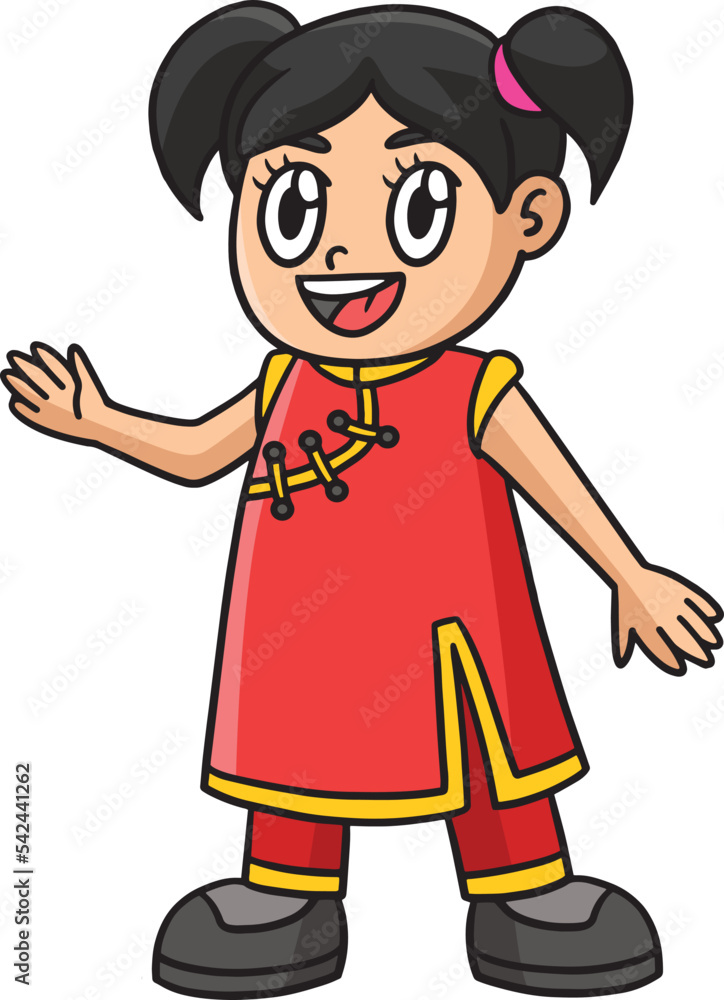 Happy Chinese Girl Cartoon Colored Clipart 