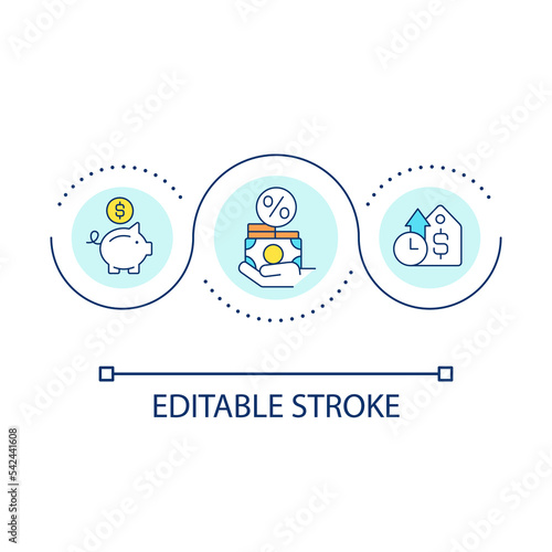 Saving money for mortgage deposit loop concept icon. Finance planner. Buying home preparation abstract idea thin line illustration. Isolated outline drawing. Editable stroke. Arial font used