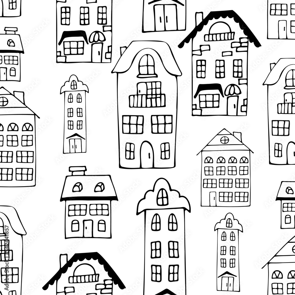 Seamless background of hand-drawn houses. Black and white pattern for children's coloring.