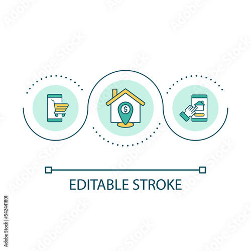 Real estate app loop concept icon. Property purchase. Houses marketplace. Online platform. Home search abstract idea thin line illustration. Isolated outline drawing. Editable stroke. Arial font used