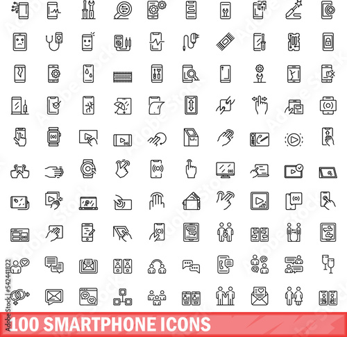 100 smartphone icons set. Outline illustration of 100 smartphone icons vector set isolated on white background