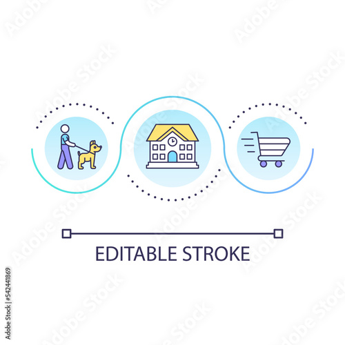Convenient neighborhood factors loop concept icon. Buy home. House purchase. Schools and walkability abstract idea thin line illustration. Isolated outline drawing. Editable stroke. Arial font used