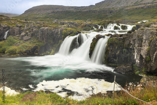 Baejarfoss, one of the 5 waterfalls below Dynjandi waterfall located in Arnarfjordur, Iceland. It is the largest waterfall in the Westfjords and has a total height of 100 metres.