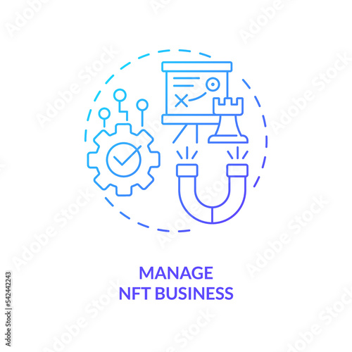 Manage NFT business blue gradient concept icon. Patrons engagement. Artwork minting process abstract idea thin line illustration. Isolated outline drawing. Myriad Pro-Bold font used
