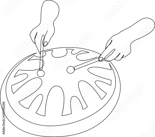 Playing the steel tongue drum with sticks. Continuous line drawing of traditional folk music instrument. Vector illustration.