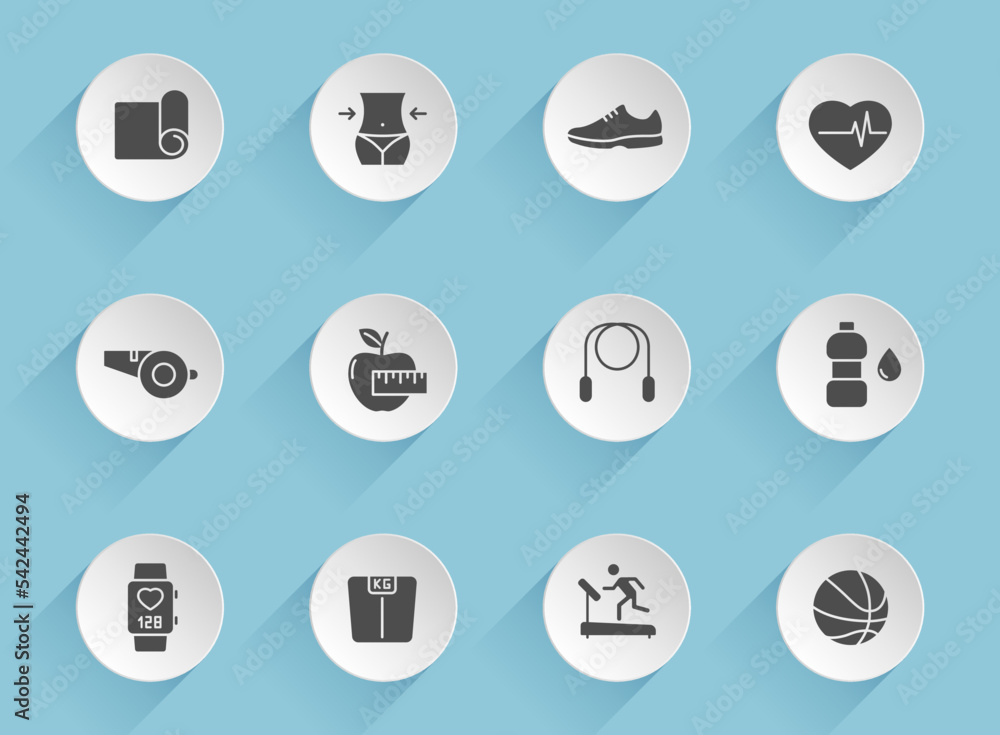 fitness vector icons on round puffy paper circles with transparent shadows on blue background. fitness stock vector icons for web, mobile and user interface design fitness vector icons on round puffy paper circles with transparent shadows on blue background. fitness stock vector icons for web, mobile and user interface design