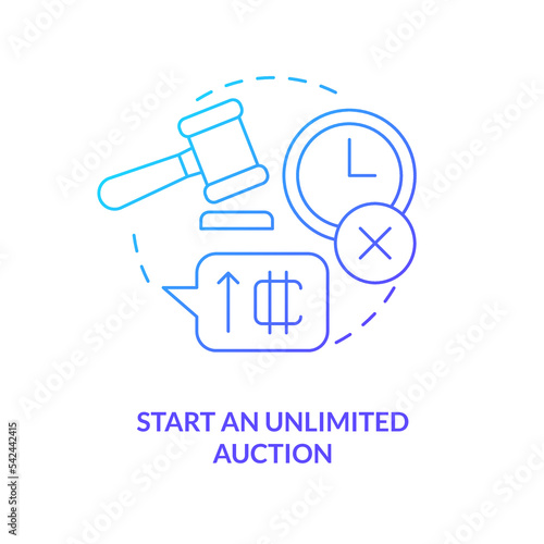 Start an unlimited auction blue gradient concept icon. Art monetization. Way of NFTs selling abstract idea thin line illustration. Isolated outline drawing. Myriad Pro-Bold font used