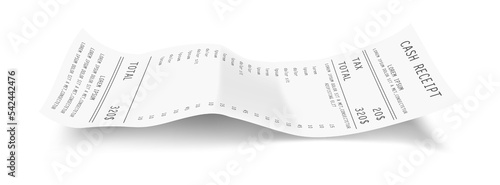 Paper print check and bill vector element. Retail ticket isolated object, realistic atm bill, financial invoice, cash receipt. Pay document fiscal check
