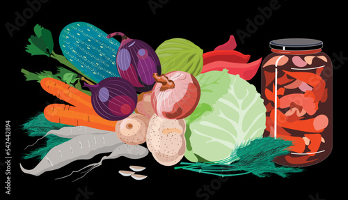 vegetables on black fon and jar with pickles