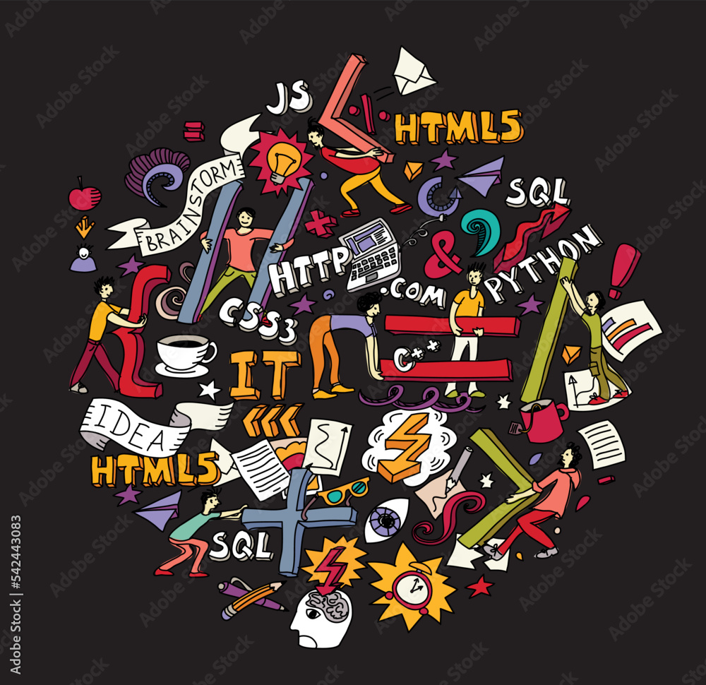 IT-specialists team work write code symbols round doodles IT-specialists team work write code symbols round doodles