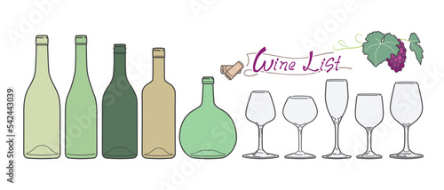 いろいろな形のワインボトルとグラスのシンプル線画セット