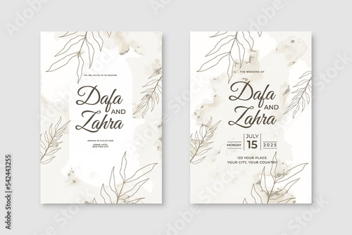 Luxurious watercolor wedding invitation card template. Watercolor card with leaf and flower elements. Elegant vector design suitable for banners, covers, invitations