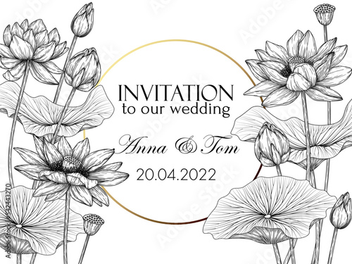 Vector invitation template with lotus flowers in engraving style