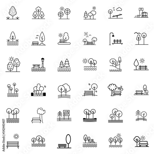 Park Icon Set. Trees, forest and bench vector icons. Nature, sun, lake. Set of park icon with outline design. Park vector illustration. City park icons set.
