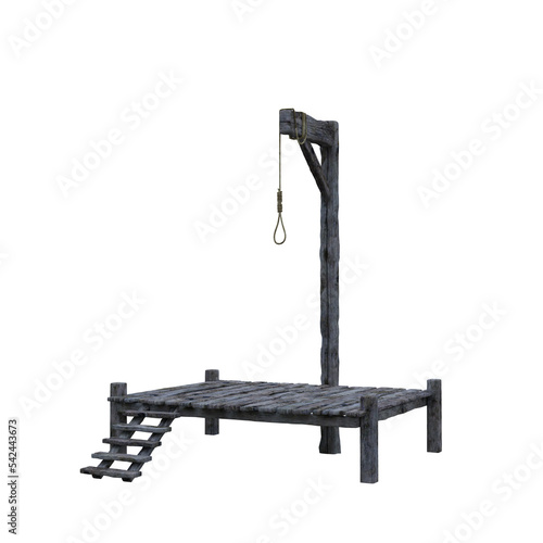 3D illustration of a wooden gallows with single noose isolated on transparent background. photo