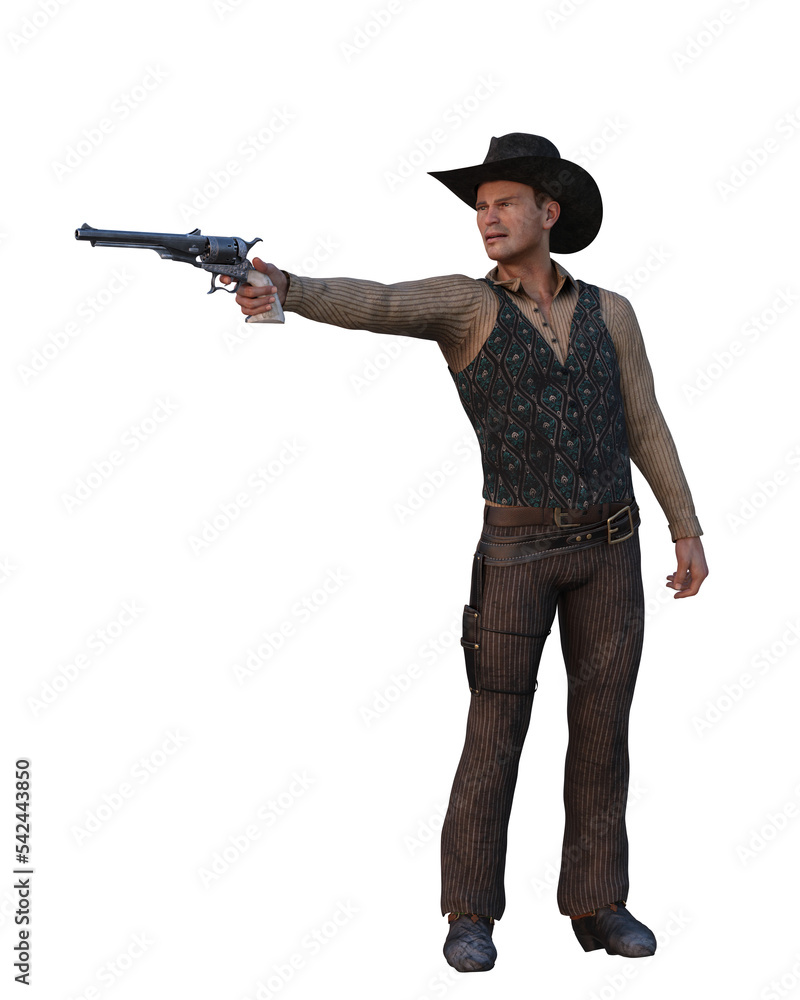 3D illustration of a wild west cowboy man shooting a hand gun isolated on transparent background. 3D illustration of a wild west cowboy man shooting a hand gun isolated on transparent background.