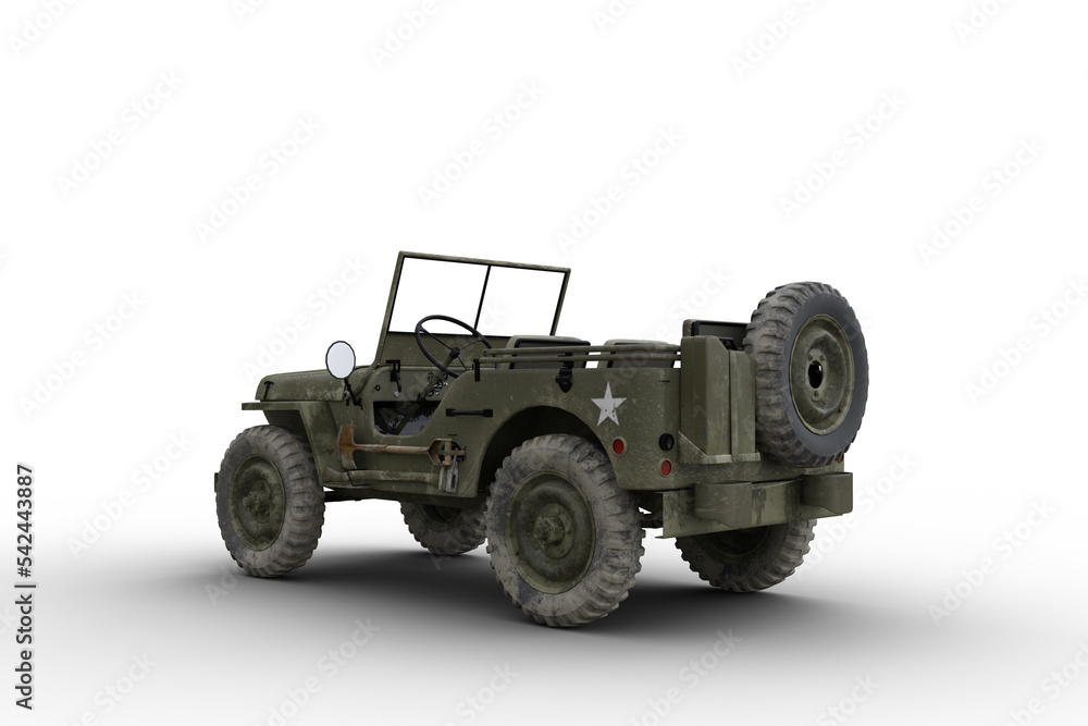 Fototapeta premium Rear corner view 3D illustration of a vintage green military jeep isolated on transparent background.