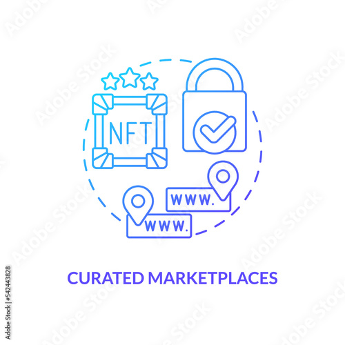 Curated marketplaces blue gradient concept icon. Crypto business. NFT selling platform category abstract idea thin line illustration. Isolated outline drawing. Myriad Pro-Bold font used
