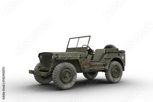 Front side view 3D illustration of a vintage green military jeep isolated on transparent background.