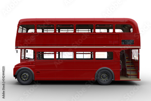 Fototapeta Side view 3D rendering of a vintage red double decker London bus isolated on transparent background