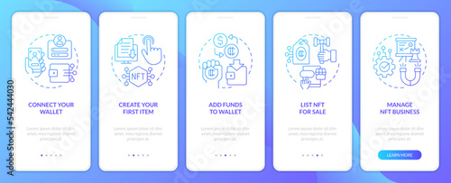NFTs minting process blue gradient onboarding mobile app screen. Technology walkthrough 5 steps graphic instructions with linear concepts. UI, UX, GUI template. Myriad Pro-Bold, Regular fonts used