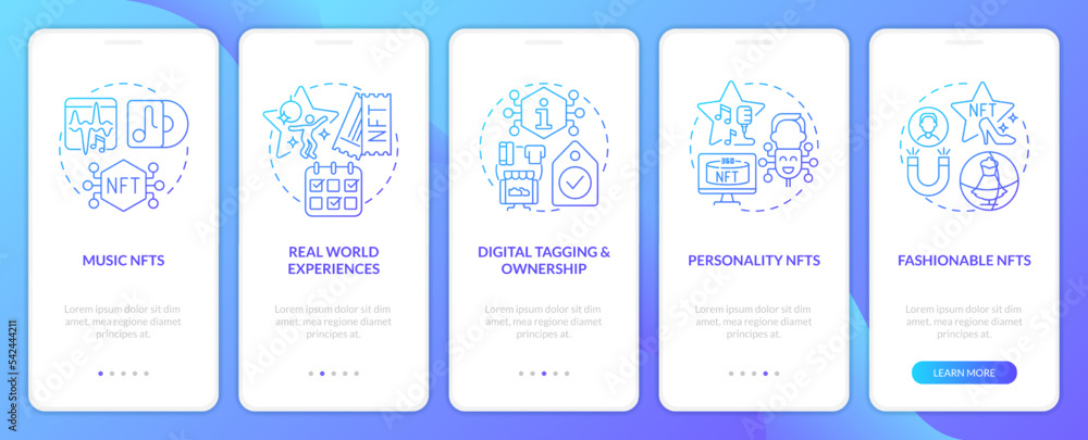 Trends in NFT space blue gradient onboarding mobile app screen. Development walkthrough 5 steps graphic instructions with linear concepts. UI, UX, GUI template. Myriad Pro-Bold, Regular fonts used