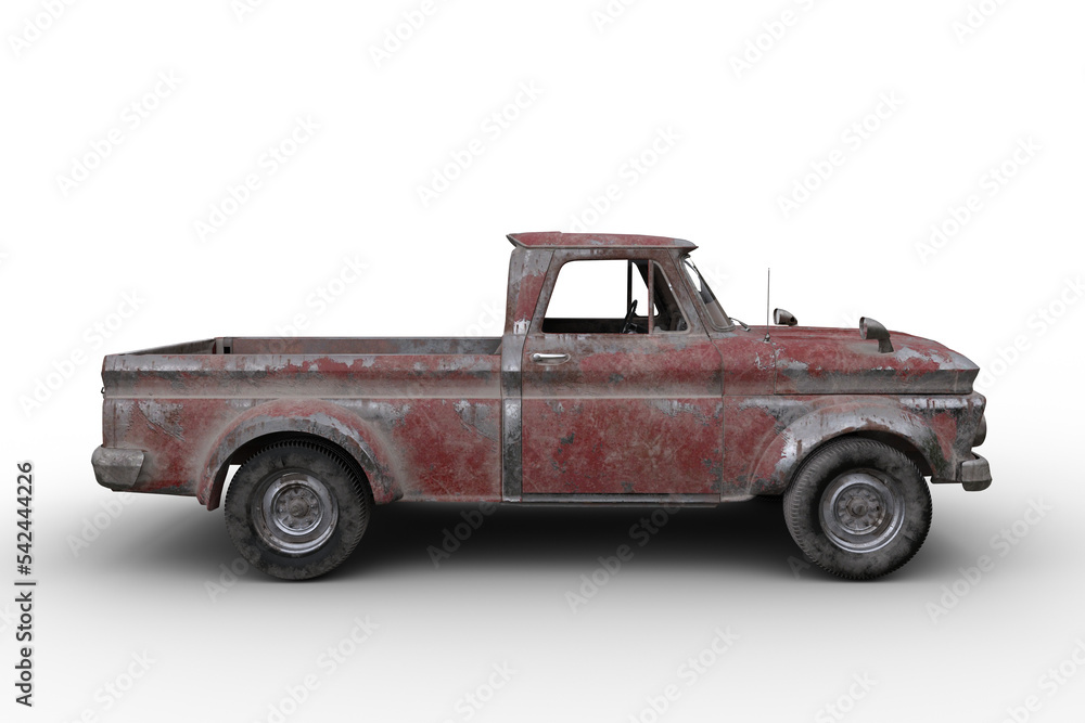 Side view 3D rendering of a rusty old vintage red pickup truck isolated on transparent background. - obrazy, fototapety, plakaty 
