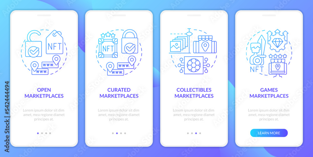 NFT marketplace categories blue gradient onboarding mobile app screen. Business walkthrough 4 steps graphic instructions with linear concepts. UI, UX, GUI template. Myriad Pro-Bold, Regular fonts used
