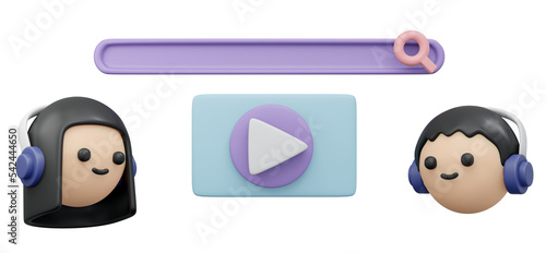 3D Rendering of boy and girl with headphone on with play and search button concept of online technology music platform business isolate on white background. 3D Render illustration cartoon style.
