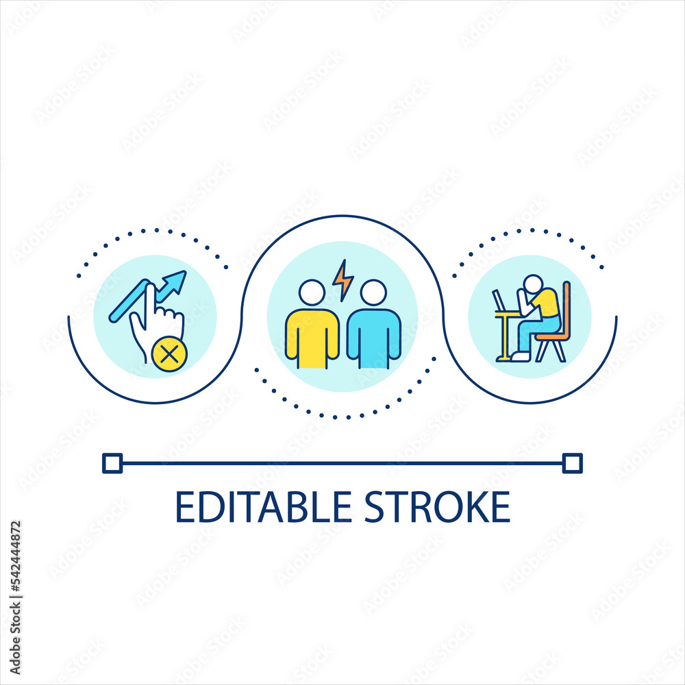 Conflict impact on productivity loop concept icon. Low work performance reason. Workplace tension abstract idea thin line illustration. Isolated outline drawing. Editable stroke. Arial font used Conflict impact on productivity loop concept icon. Low work performance reason. Workplace tension abstract idea thin line illustration. Isolated outline drawing. Editable stroke. Arial font used