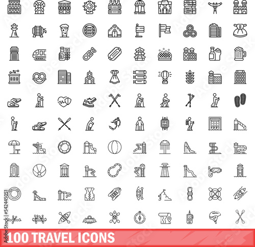 100 travel icons set. Outline illustration of 100 travel icons vector set isolated on white background