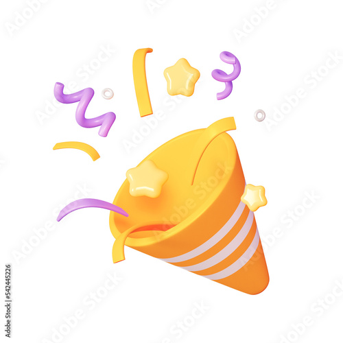 Yellow Party Popper Emoji icon with confetti. illustration of 3d rendering.