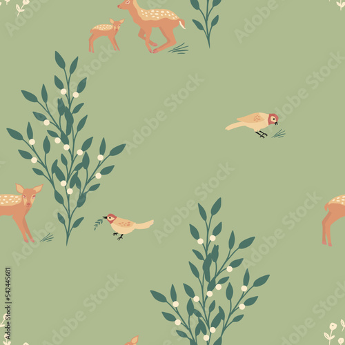 Vector pattern with fawns and birds green