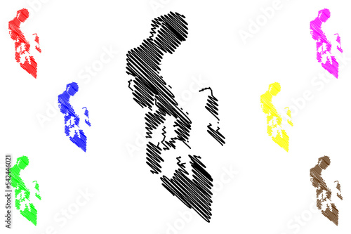 Camorta, Nancowry and Trinket Island (Republic of India, Nicobar Archipelago, Indian Ocean) map vector illustration, scribble sketch Kamorta, Nankovri or Nancowrie, Muot, Trinkat or Trinkut map