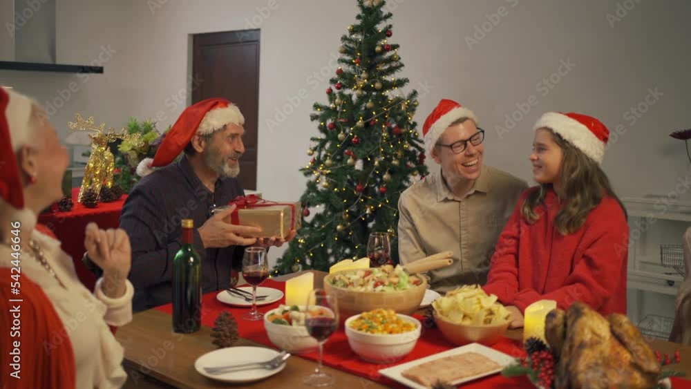 A group of caucasian. Portrait of western white family have a celebration dinner in party on Merry Christmas Eve Xmas on holiday at home. People lifestyle. thanksgiving holiday A group of caucasian. Portrait of western white family have a celebration dinner in party on Merry Christmas Eve Xmas on holiday at home. People lifestyle. thanksgiving holiday