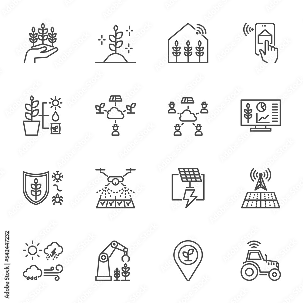 Smart Farming and Agriculture Technology Icons set, Vector Thin Line Icons Set on white background