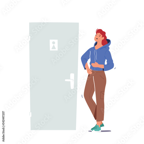 Woman Rushing To Go To Restroom Or Lavatory. Girl Urgently Need To Pee Or Poop. Unhappy Character Wait Public Toilet