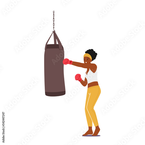 Female Character in Boxing Gloves Hitting Punching Bag Training Hit for Self Defense Practice or Prepare to Combat