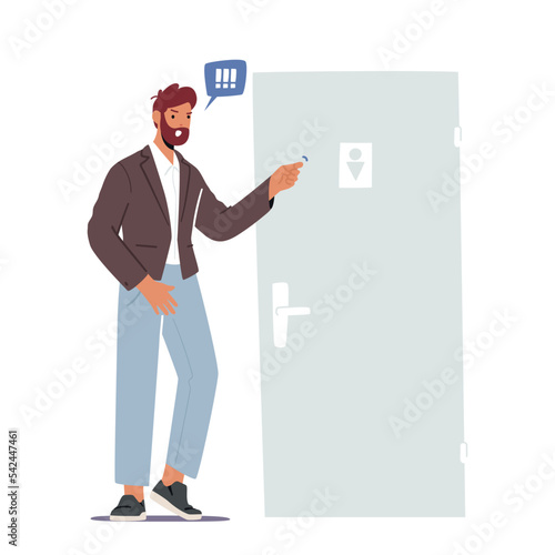 Male Character Knocking Public Toilet Cubicle Door. Man Urgently Need To Pee Or Poop. Problems With Urination