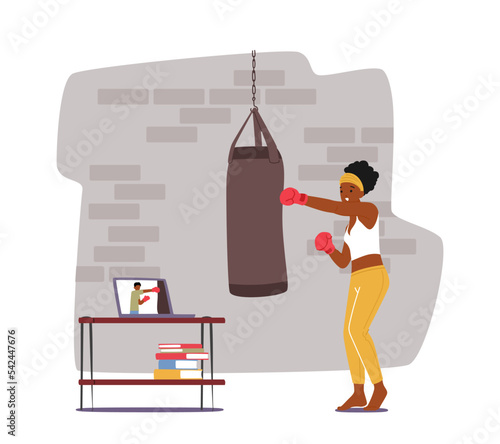 Female Character in Boxing Gloves Hit Punching Bag Training Online by Internet Watching Video Tutorial on Laptop