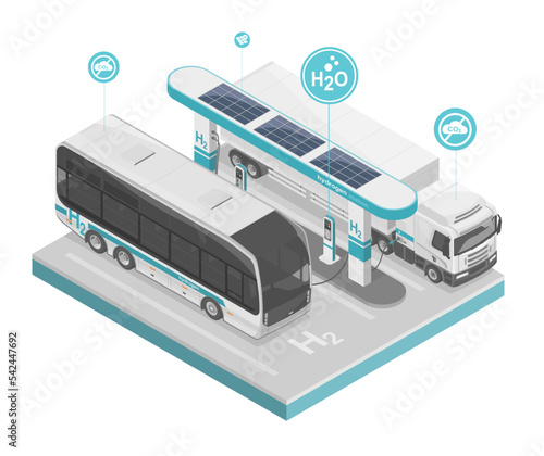 green hydrgen station h2 concept energy power plant power ecology system for low emission for bus and truck diagram isometric