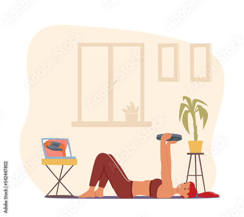 Happy Fit Woman Exercising with Weight at Home Watching Training on Laptop Online. Female Character with Disk in Hands