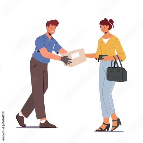 Courier Man Give Parcel Box To Woman Isolated On White Background. Package Mail Delivery Service, Postage