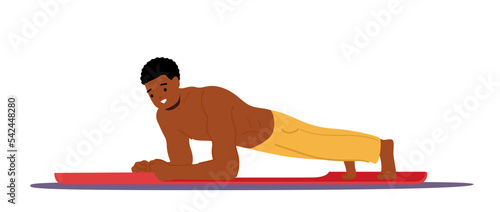 Man Practicing Sports Activity At Home. Young Male Character Stand In Plank Posture Stretching Legs And Arms