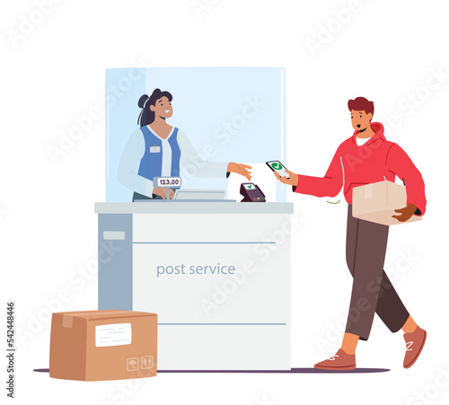 Man Visiting Post Office Concept. Male Character Holding Parcel In Hands Paying For Weigh Box On Scales On Reception